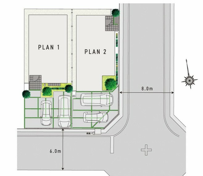 区画図 LAND SCAPE  2台カースペースや、南側6.0mと東側8.0mの角地に接する道路が開放感をもたらす街区設計。