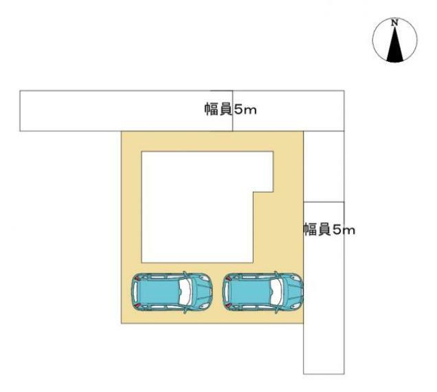 区画図 【区画図】お庭付きの土地50坪。駐車場は2台停められるようスペースがあります。前面道路が約5mと広く、駐車もしやすいです。南側がお庭なので陽当たりも良好、かつ通行人からの視線も気になりません。