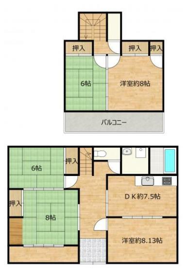 間取り図 【間取り】リフォーム前間取りになります。1階DKと洋室をつなげLDKに、2階和室を洋室に変更予定です。