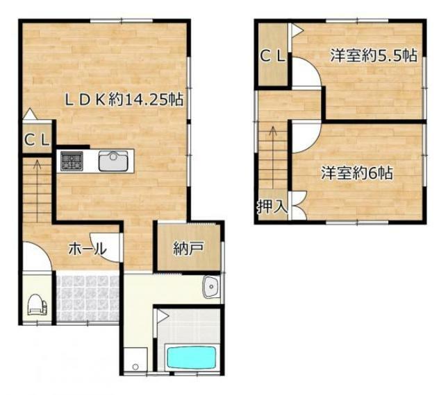 間取り図 【リフォーム中】1階は二間続きの和室とキッチン部分をつなげてLDKスペースを作成水回りは全て交換予定です。