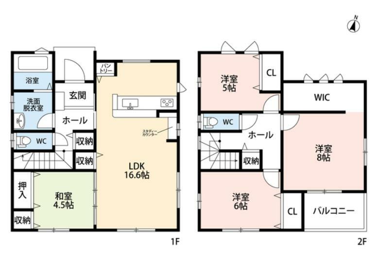 間取り図 和室含む4LDK。主寝室に大容量のWIC、キッチンにパントリー、リビング、全居室はもちろん、各階廊下にも収納あり＾＾
