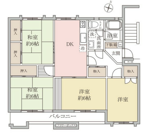 間取り図 東南向き4DK。全居室6畳以上。全居室収納スペース付で住空間もスッキリ広々。
