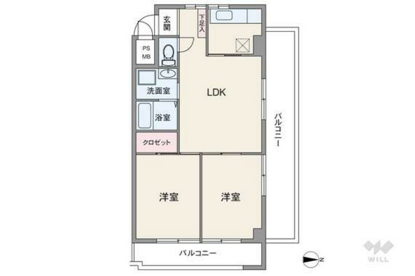 間取りは専有面積50.58平米の2LDK。バルコニー面積は16.99平米です。