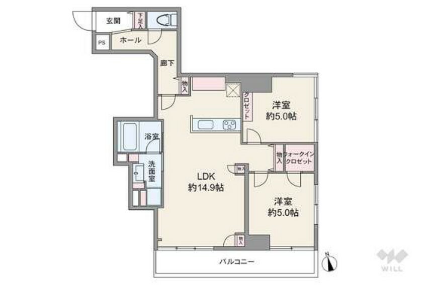 間取り図 間取りは専有面積60.09平米の2LDK。LDK約14.9帖の縦長リビングのプラン。バルコニー面積は7.26平米です。