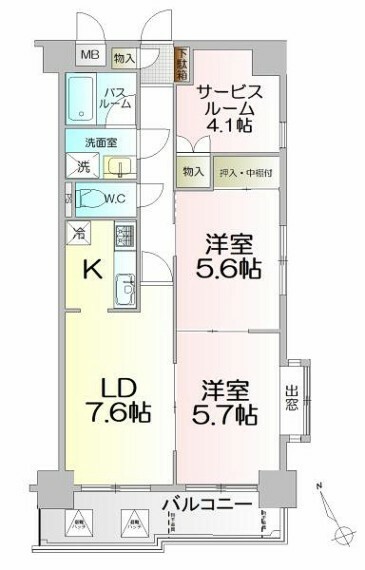 間取り図 作業に集中できる独立型キッチン。南向きのバルコニーで洗濯物もよく乾きそうですね。多目的に使用できるサービスルーム。