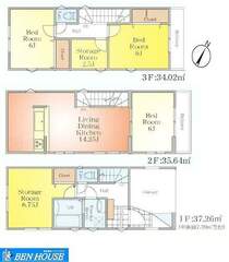 間取図（3号棟）・3階約2.5帖の小部屋ではリモートワークや収納部屋として多目的に利用可・リビング隣接の居室は間仕切り開放してのご利用も可能・居室4室は6帖超とゆとりの広さの間取りプラン