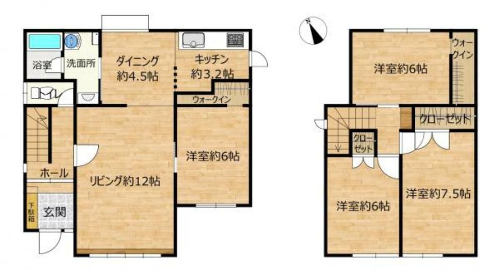 間取り図 間取は4LDKで全部屋洋室です。各部屋6帖以上あるのでゆったりと使って頂けますね。