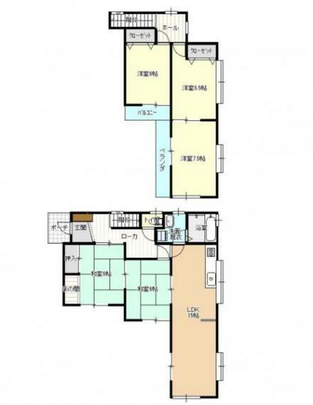 間取り図 【間取図】5LDKの広々とした間取りです。約15帖のLDKや各居室6帖以上あるので使い勝手の良さと、プライベートの空間をしっかり分けられるのが魅力的住宅です。