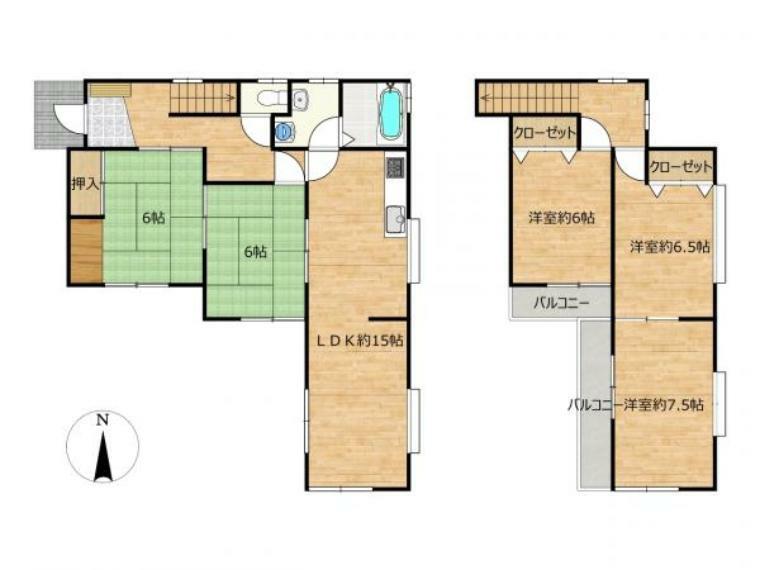 【間取図】5LDKの広々とした間取りです。約15帖のLDKや各居室6帖以上あるので使い勝手の良さと、プライベートの空間をしっかり分けられるのが魅力的住宅です。