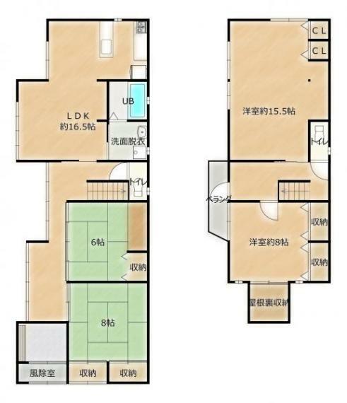 間取り図 【リフォーム済】4SLDKの住宅にリフォーム致しました。2階の15.5帖のお部屋は2部屋に分けることも可能です（追加費用は必要になります）。