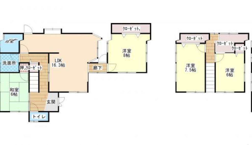 間取り図 【リフォーム後間取り】1階は16帖のリビングに、6畳和室、8畳洋室、2階は7.5帖洋室、6畳洋室となります。
