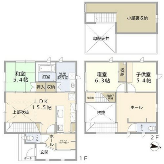 間取り図 1階:LDK約15.5帖/和室約5.4帖/洗面/浴室/トイレ2階:寝室約6.3帖/洋室約5.4帖/ホール/トイレ