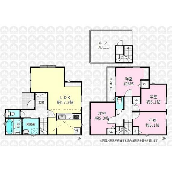 間取り図 1階はLDKと水回りを集約し、2階には4部屋の居室と生活動線を分ける事で、メリハリのある暮らしが可能なルーフバルコニー付きのご住宅です！