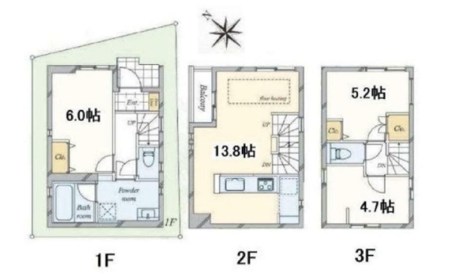 間取り図 土地はコンパクトですが空間を活用して3LDKの間取りができています。