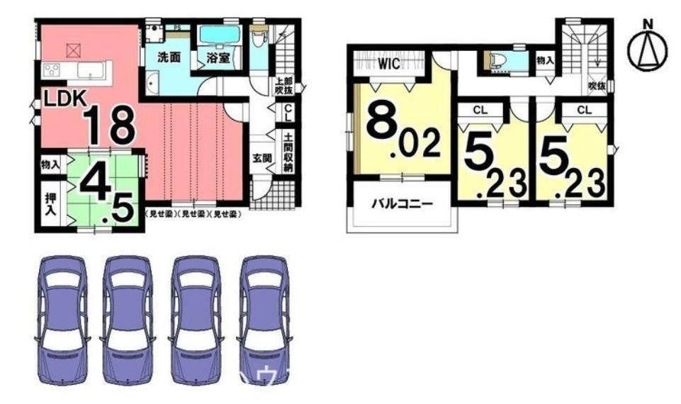 間取り図 1階は和室を合わせて22.5帖の大きな空間。全室南向きで陽当たり重視のお客様にも自信を持っておすすめ致します。