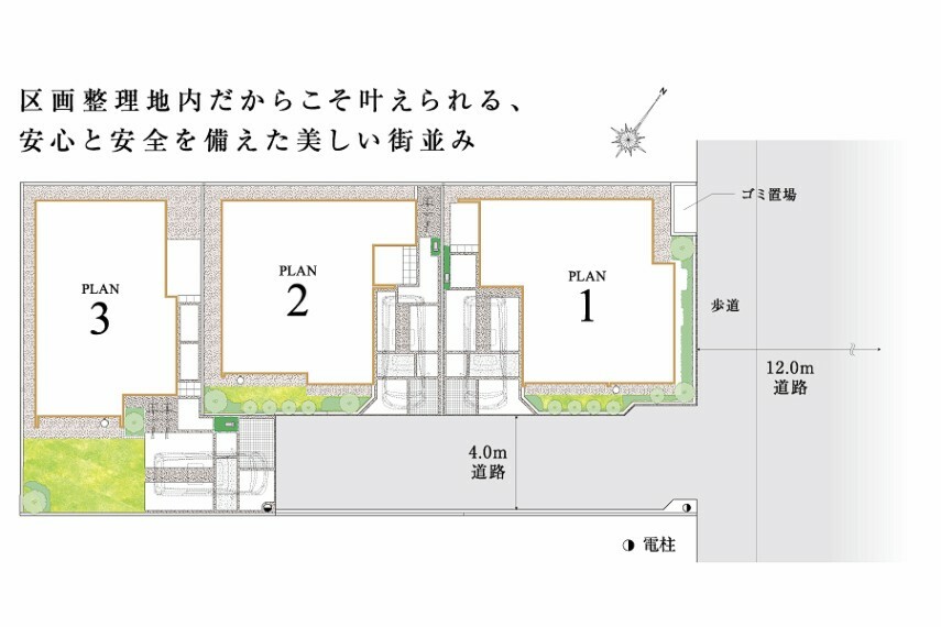 区画図 区画図  南道路と南に庭を設けた陽当たりを考えた3邸。