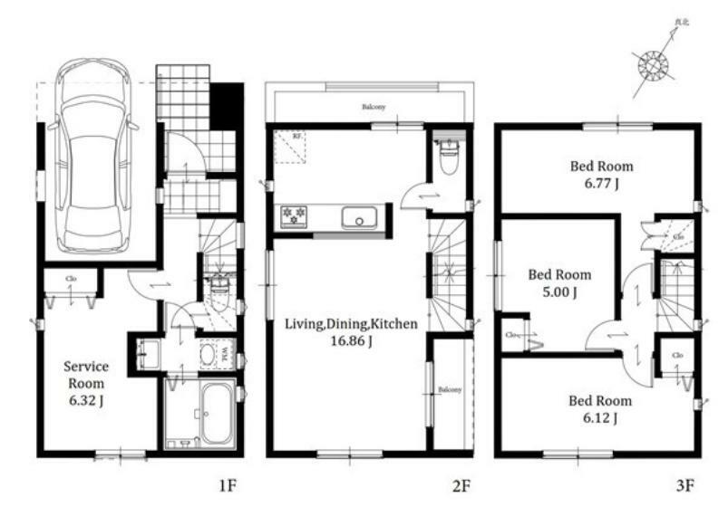 間取り図 1号棟: 2階LDKはリビングを見渡せる対面式キッチンを採用全居室収納付きなのでお部屋もスッキリ片付きます食洗機や浴室乾燥機が標準装備で機能性にもこだわった新邸です