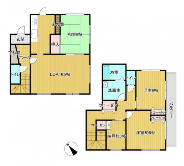 間取り図 【リフォーム済】間取図の様子です。3SLDKの間取りになります。間取り変更工事を行い、約3帖の納戸を新設しました。各居室収納スペースがあるのが嬉しいですね。