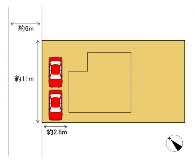 区画図 【リフォーム済】区画図の様子です。カーポートを撤去し、駐車場を拡張致しました。駐車スペースには2台駐車可能です。前面道路が約6mあるので車の出し入れがしやすい接道状況となっております。