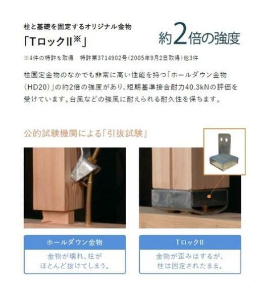 構造・工法・仕様 TロックII:柱と基礎を固定するオリジナル金物TロックII。台風などの強風に耐えられる耐久性を保ちます。