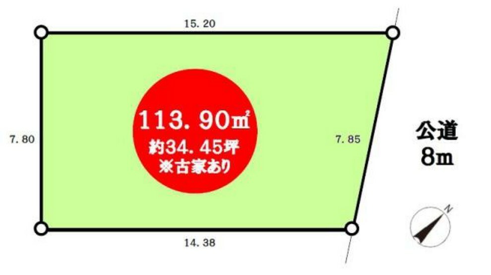 土地図面 前面道路8メートルあり コンビニ、スーパーが近く、生活しやすい住環境