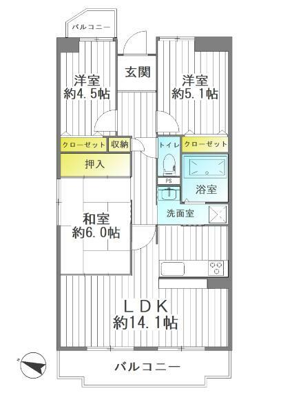 間取り図 角部屋・2面バルコニーで陽当たり、風通し良好！全室収納付きで、お部屋を広々お使いいただけます！