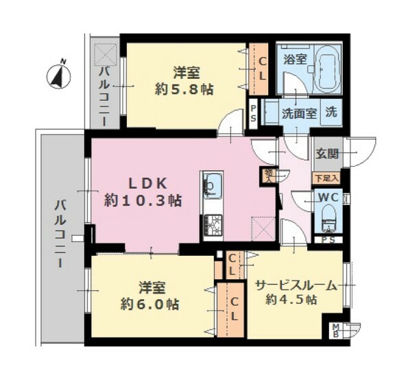 間取り図 ■専有面積:60.08平米の3LDKタイプ  ■6階建て2階部分の西向き住戸