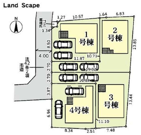 区画図 対象地:3号棟　カースペース2台可能 ご近所にも馴染みやすい全4棟の分譲住宅。
