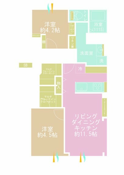 間取り図 2LDK、専有面積54.96m2、バルコニー面積6.98m2