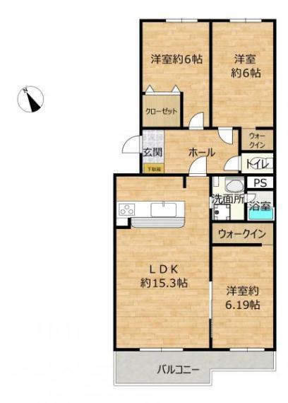 間取り図 間取りは3LDKです。各部屋に収納付きです。和室は洋室に作り替え、扉も引込戸に変えたのでリビングと繋げて使うことも可能です。