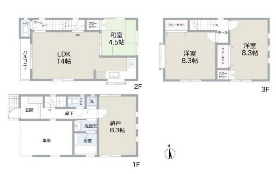 間取り図 JR鶴見線「安善」駅徒歩7分の好立地！お湯や暖房を安く使えるオール電化住宅。1階・3階は全室8.3帖のゆとりを確保した広々空間です。