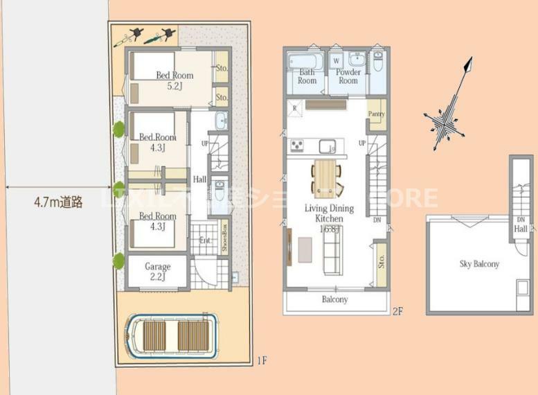 間取り図 こちらはA号棟です。スカイバルコニー・ミニガレージ付き3LDKのお家！細部にまでこだわった間取り設計です！