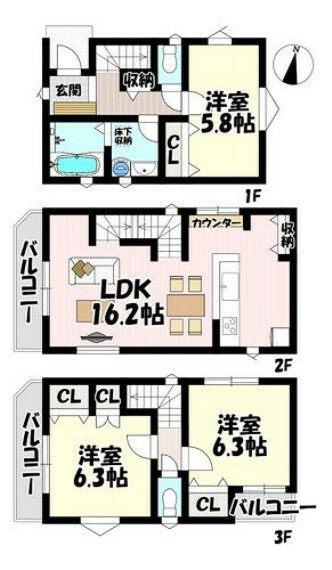 間取り図 3LDK 3階建 2階部分にリビングがありプライバシーも確保できます