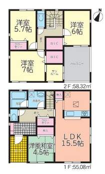 【1号棟間取り図】4LDK＋WIC＋サンルーム　建物面積113.40平米（34.36坪）