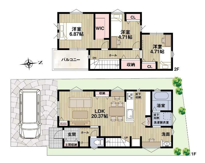 参考プラン間取り図 【7号地・建物プラン例】 セット価格2698万円（土地価格1061.5万円、建物プラン価格1636.6万円）。お洒落な外構と、各種申請費用、消費税込みの価格です。LDKは約20.37帖。南から陽光が差し込む明るい空間です！