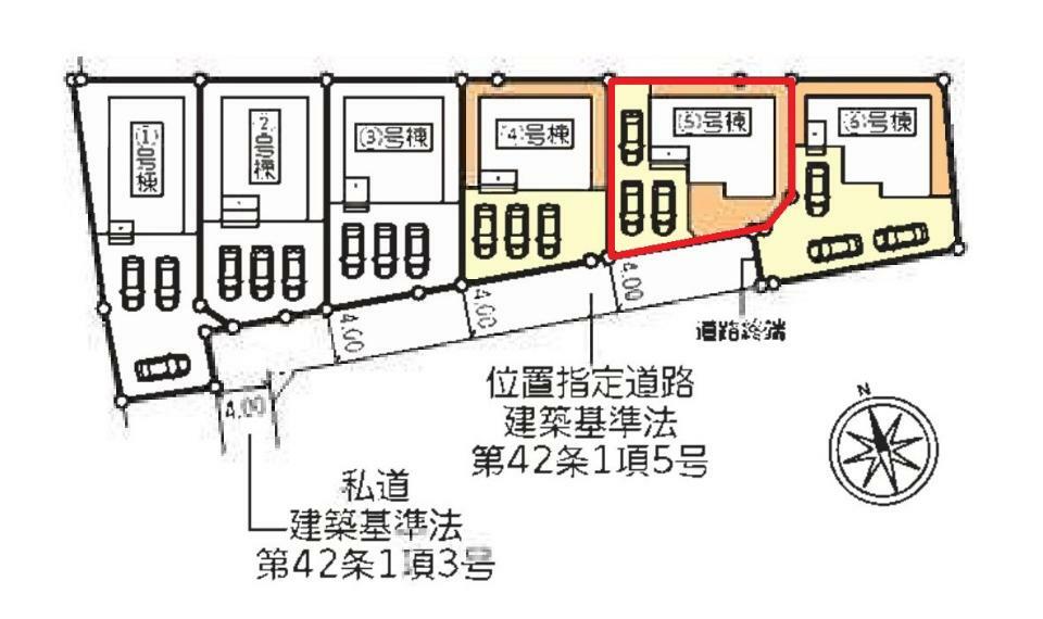 区画図 【5号棟区画図】土地面積156.22平米（47.25坪）・駐車3台可能（車種によります）