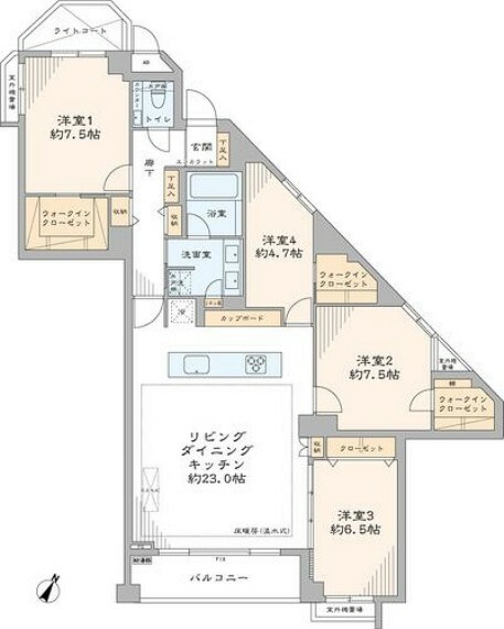 間取り図 最上階の収納豊富な4LDKです。各居室に開口部を設けた明るい間取りで3つのウォークインクローゼットや廊下収納など、ゆったりとした暮らしが叶う住まいです。