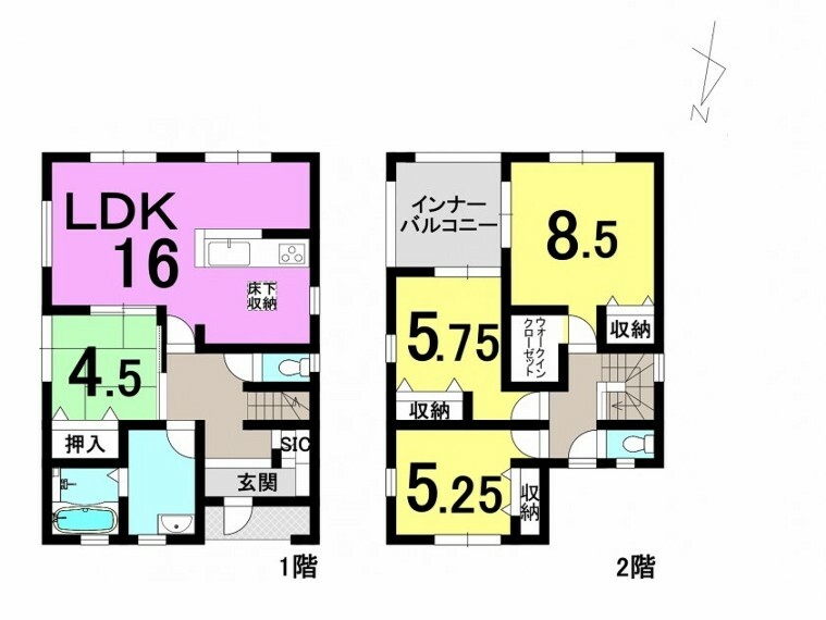 間取り図 ■4LDK ■建物面積延:108.88平米（32.93坪）、1階:55.89平米、2階:52.99平米