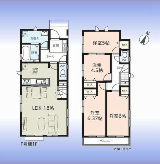 間取り図 間取図:対面キッチン付LDK、2階に洋室4室南東向きバルコニー