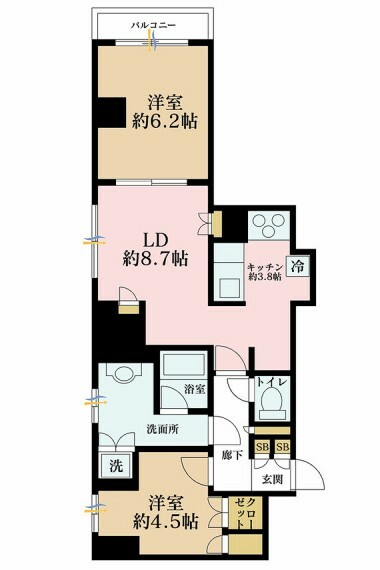 間取り図 2LDK、専有面積56.84m2、バルコニー面積2.95m2