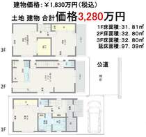 3LDK建物プラン、　　　<BR/>価格1830万円　　　　　<BR/>延床面積:97.39平米　