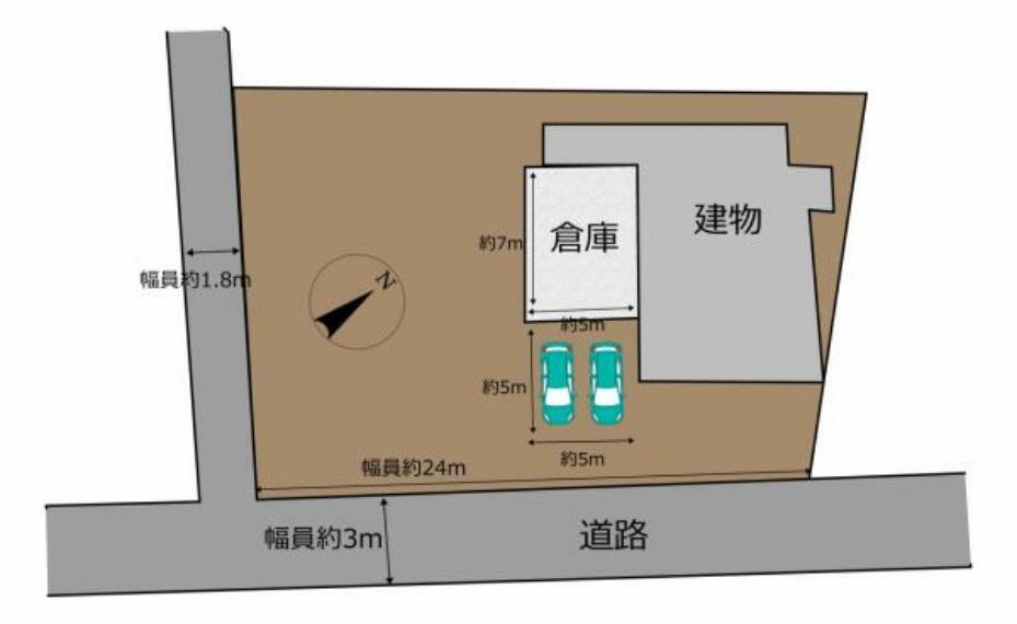 区画図 【敷地図】駐車場は2台以上可能にリフォームしました。シャッター付きの倉庫があります。お家の横のスペースはご自由にお使いいただけます。