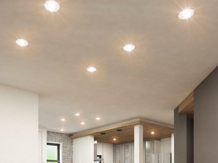 【リビングを照らす照明】LDK天井にはダウンライトを採用しました。洗練された天井デザインに。（1号棟内観完成予想図）