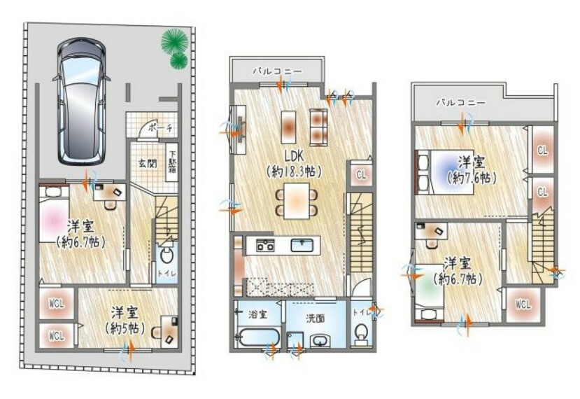 間取り図 【モデルハウス確定図】これからモデルハウス建築します！水回りが2階に集約された、家事効率の良い間取り バルコニーは2.3階の2箇所にあり、洗濯物もたっぷりと乾かせます。
