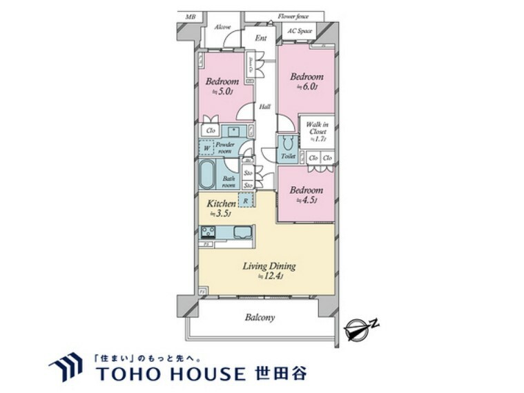 間取り図 3LDK、建物面積73.48m2、バルコニー面積13.50m2