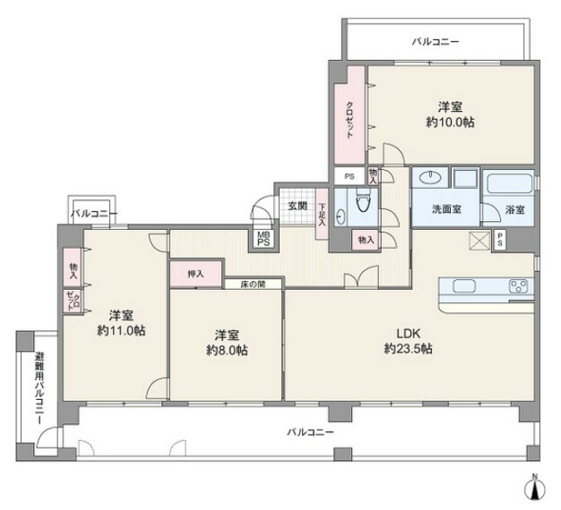 間取り図 専有面積128.99平米の3LDK。南向きのワイドバルコニーに面したゆとりあるLDK23.5帖です。全室8.0帖以上で各居室に収納も確保されたプランです。