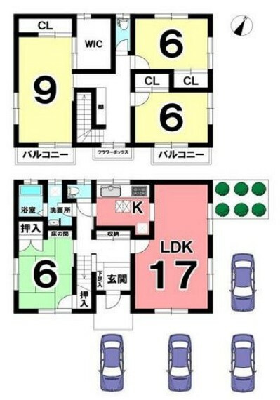 間取り図 4LDK WICや全居室など収納充実 全居室6帖以上でお部屋でゆったり過ごせます。軽量鉄骨の家 2WAYキッチンで家事動線がスムーズです