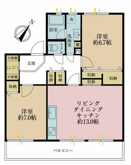 間取り図 2LDK、専有面積61.28平米、バルコニー面積9.30平米