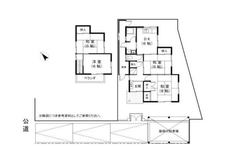 区画図 駐車3台可能です。 1台はガレージ付き