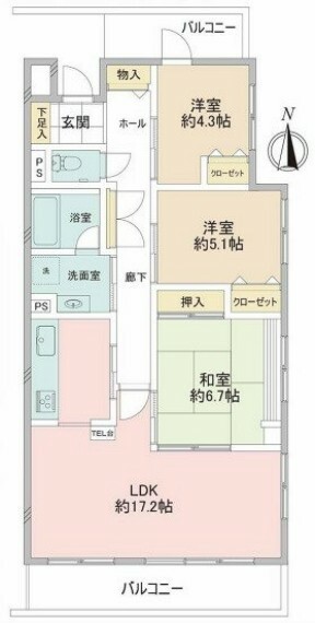 ライオンズマンション谷塚第2(3LDK) 2階の間取り